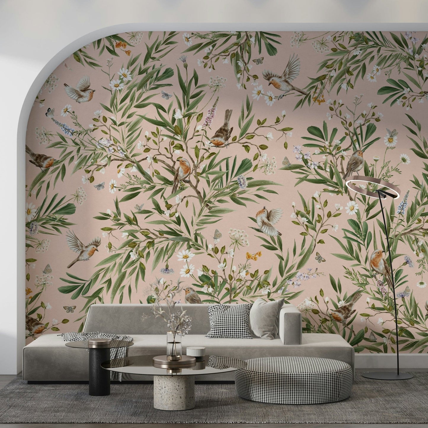 Robin bird and wildflower mural on an office accent wall with clean, modern furniture
