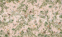 Floral mural with robin details for a powder room, adding color without busy patterns