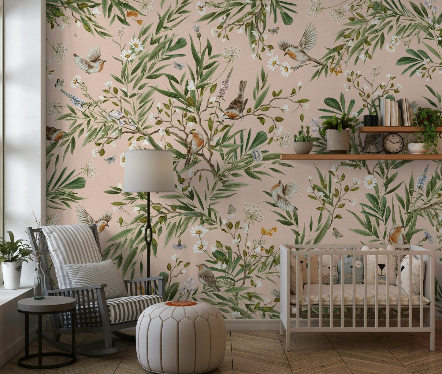 Muted floral wall mural behind a console table, modern apartment wall decor idea