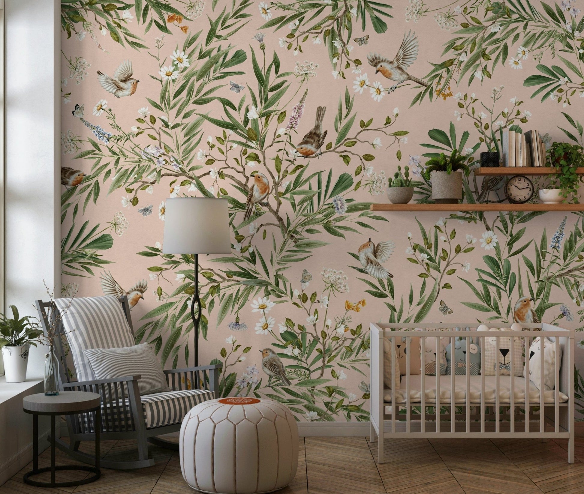 Muted floral wall mural behind a console table, modern apartment wall decor idea