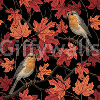Robins in maple tree on black wallpaper close-up showing two orange-breasted robins among red maple leaves pattern detail