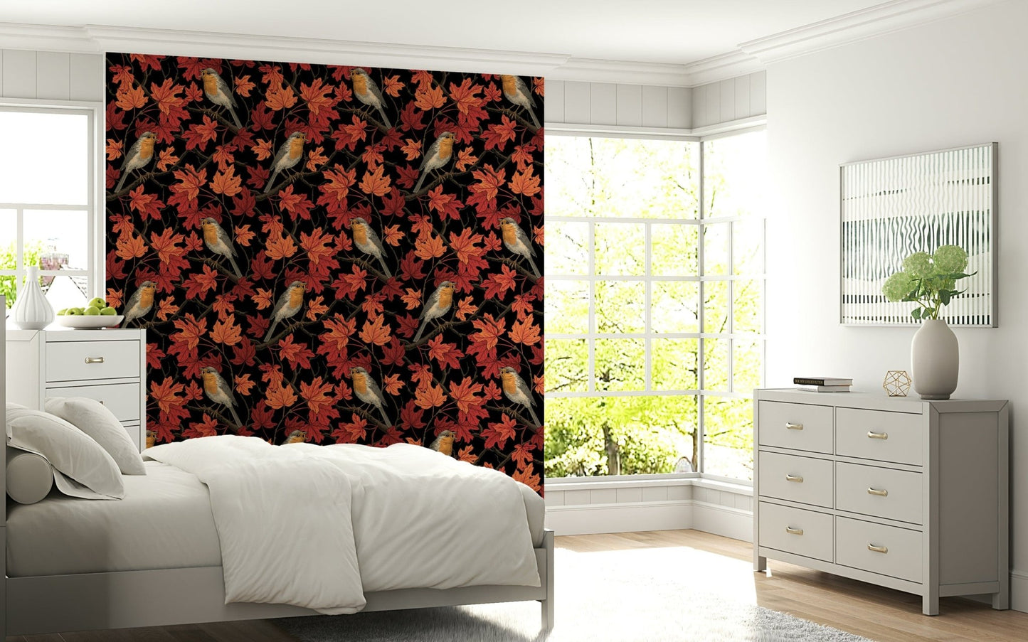 Robins and Maple Leaves on Black Wallpaper – Sophisticated mural with detailed birds and colorful foliage on a deep black backdrop.
