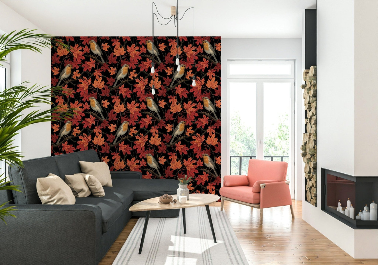 Robins Perched on Maple Tree Wallpaper – Elegant nature-inspired design with vibrant birds and rich foliage on black.