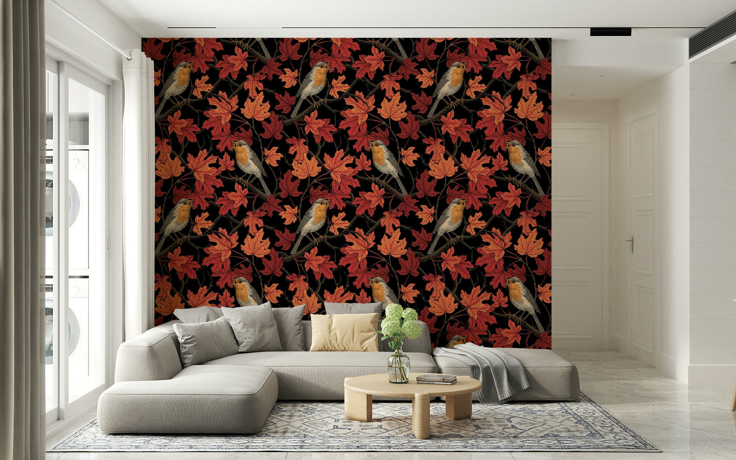 Autumn Maple with Robins Wall Mural – Decorative wallpaper showcasing robins perched in a maple tree with warm leaves on black.