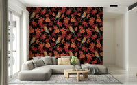 Autumn Maple with Robins Wall Mural – Decorative wallpaper showcasing robins perched in a maple tree with warm leaves on black.