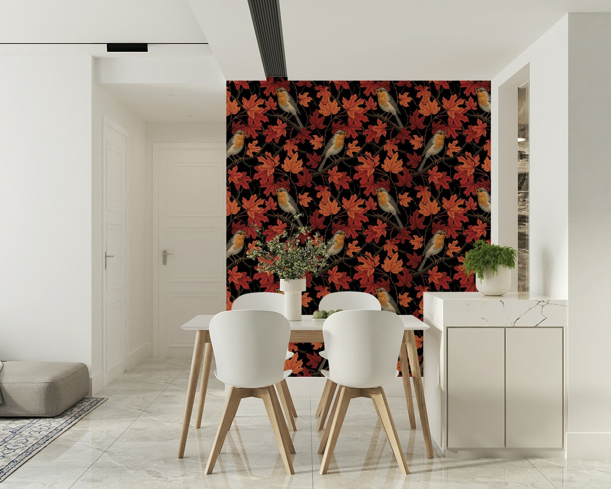 Robins in Maple Tree on Black Wallpaper – Elegant dark wallpaper featuring vibrant robins perched among fiery maple leaves.