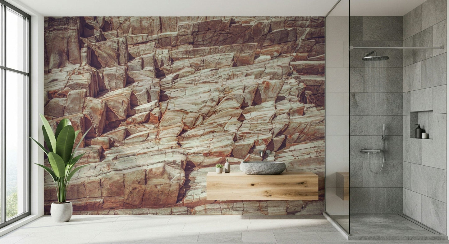 Rustic wall covering featuring stacked stone and rocky surfaces