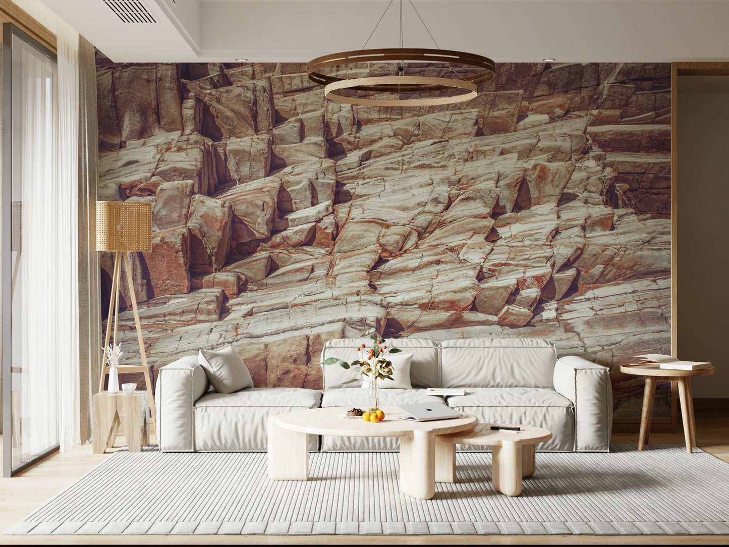 Rugged wall mural of natural rock formations adding texture to interiors