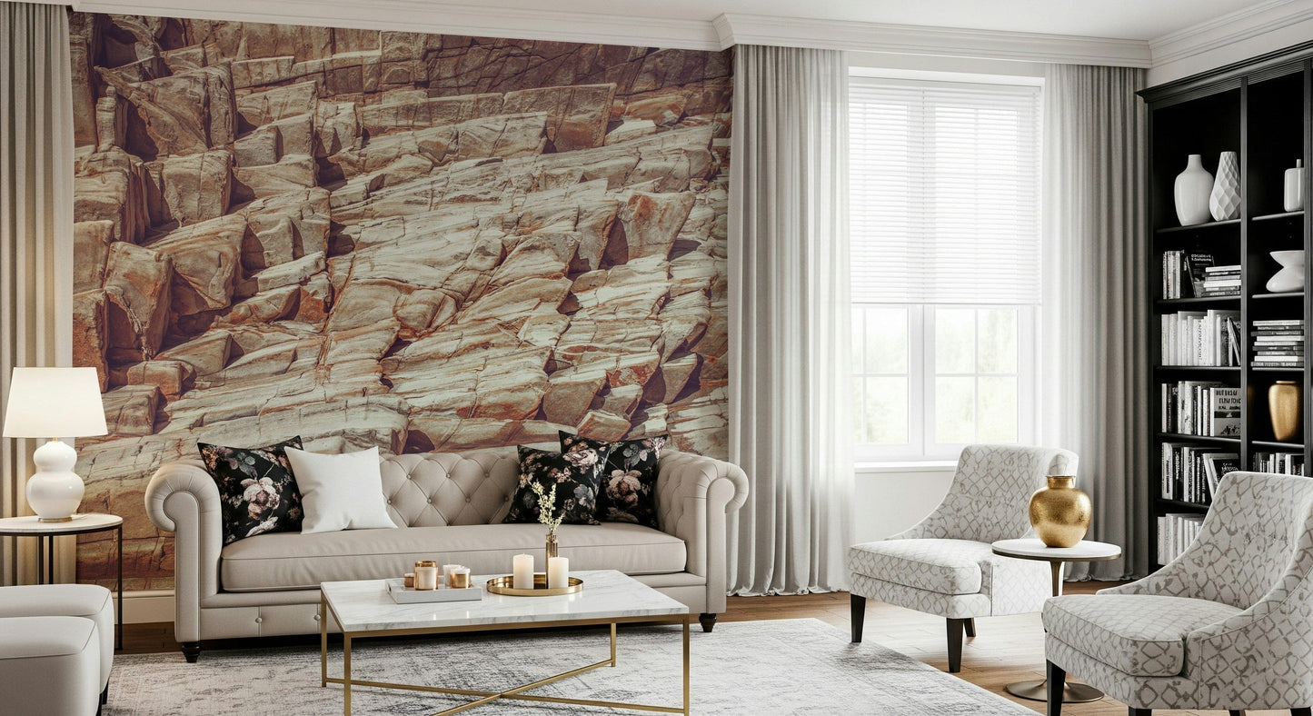 Artistic wall mural of a textured rock wall in neutral tones
