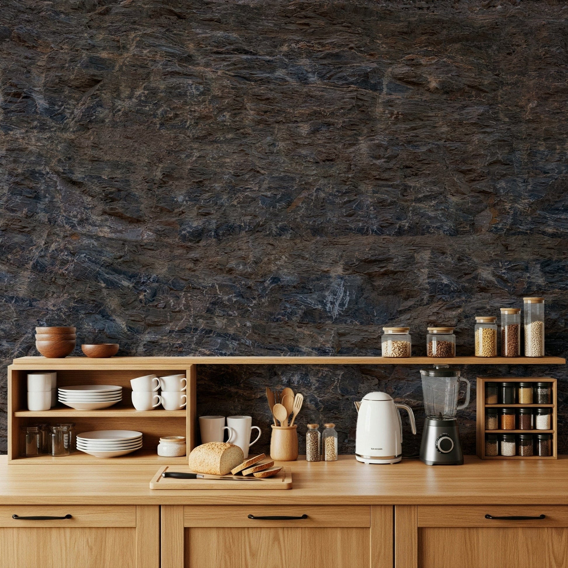 Rocky Terrain Wallpaper with grey and brown stone textures bringing outdoor ruggedness indoors.