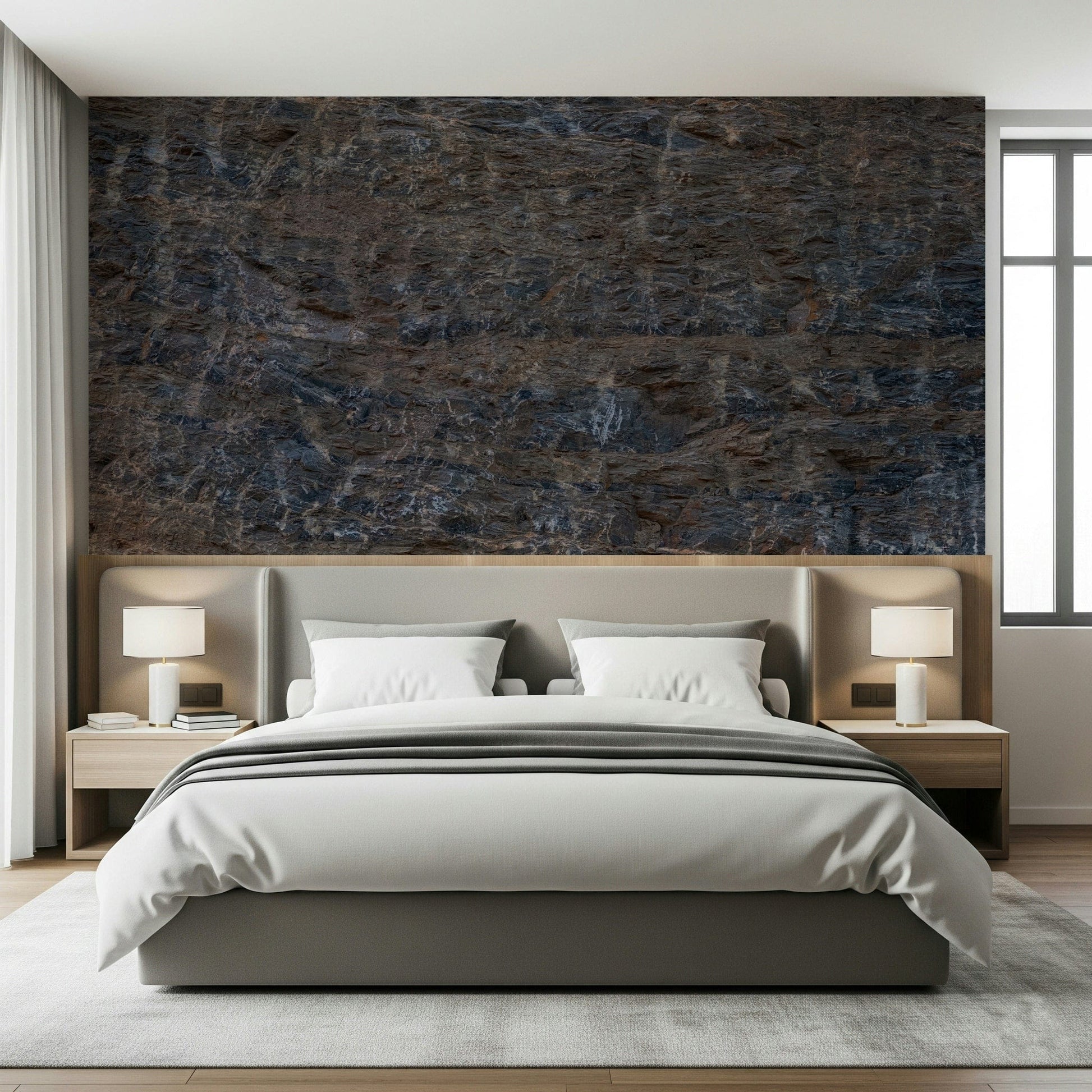 Rustic stone wall mural inspired by rocky hillsides and natural terrain for eco-inspired décor.