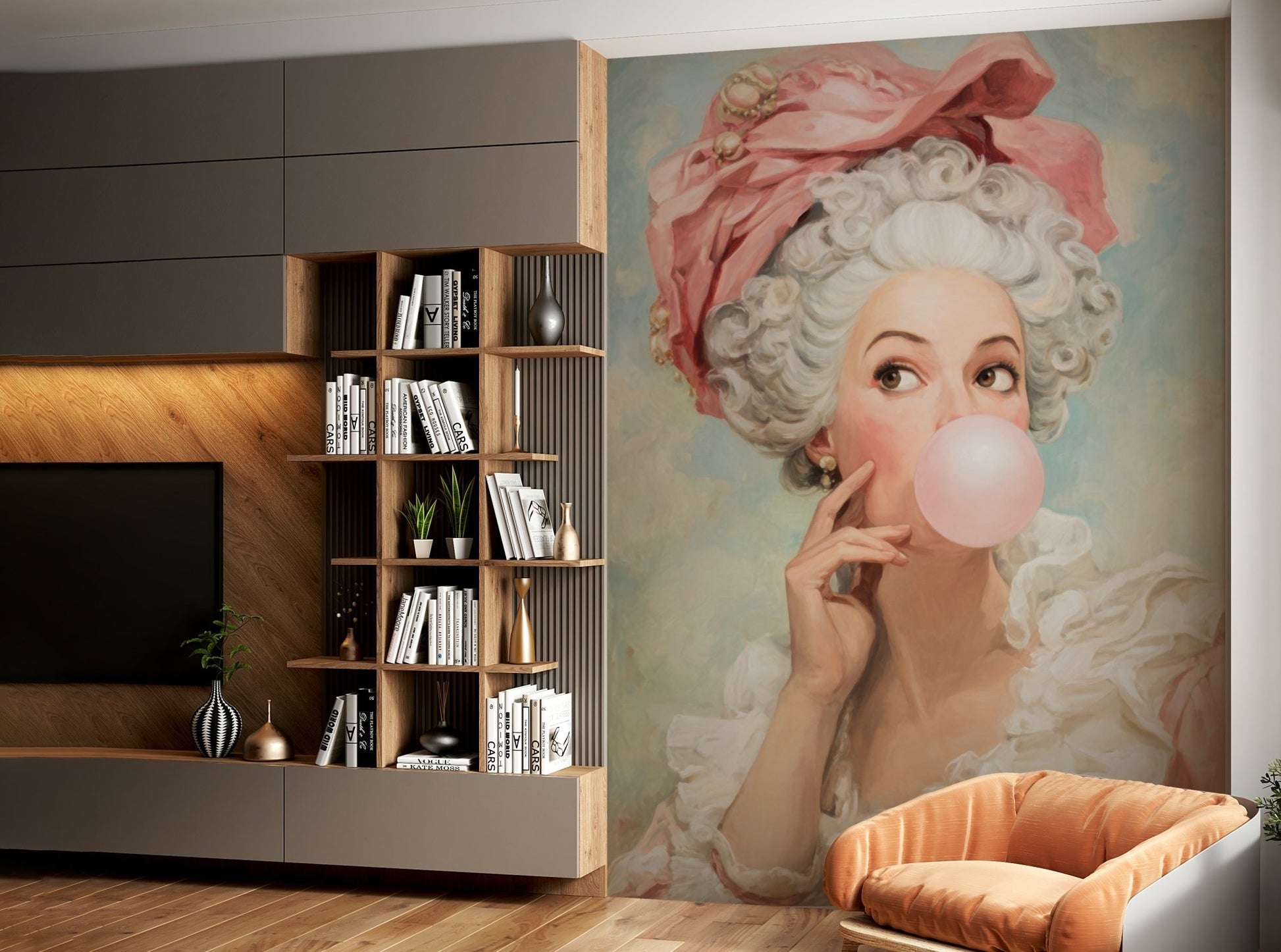 pink bubble gum in rococo art

