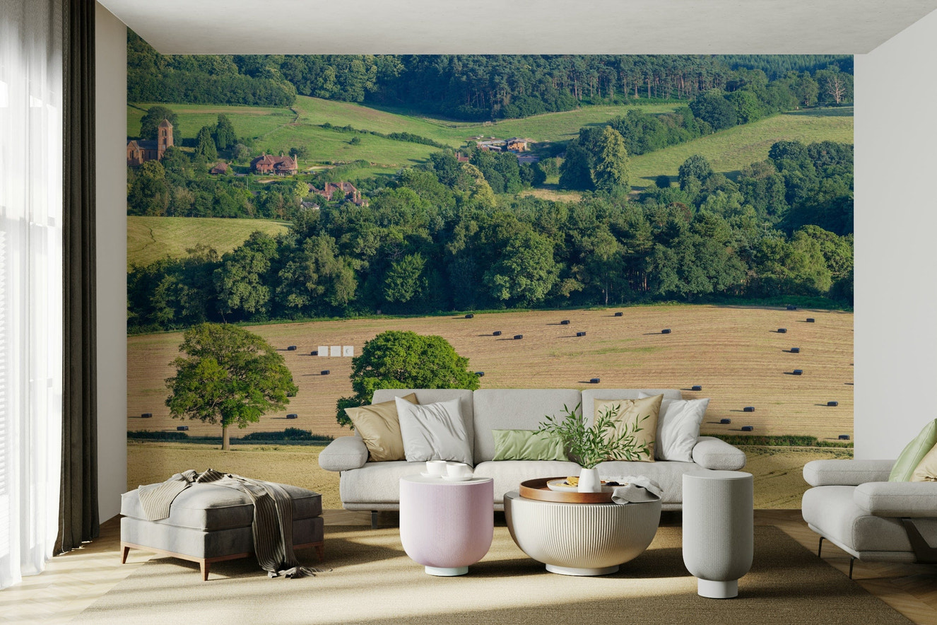 A peaceful open country mural on decorative wallpaper.

