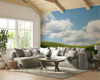 A peaceful wall mural with a charming countryside scene.

