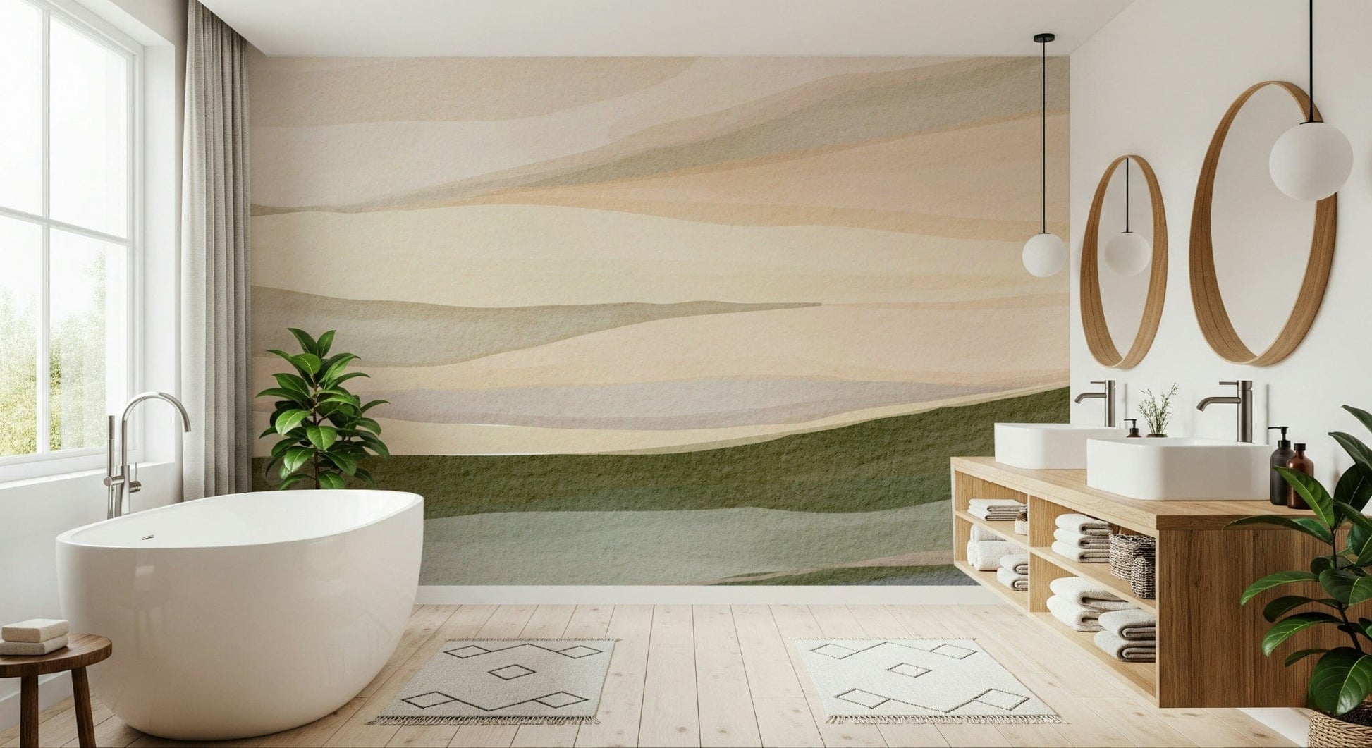 Serene Rolling Horizon print capturing morning light over green fields for bedroom.