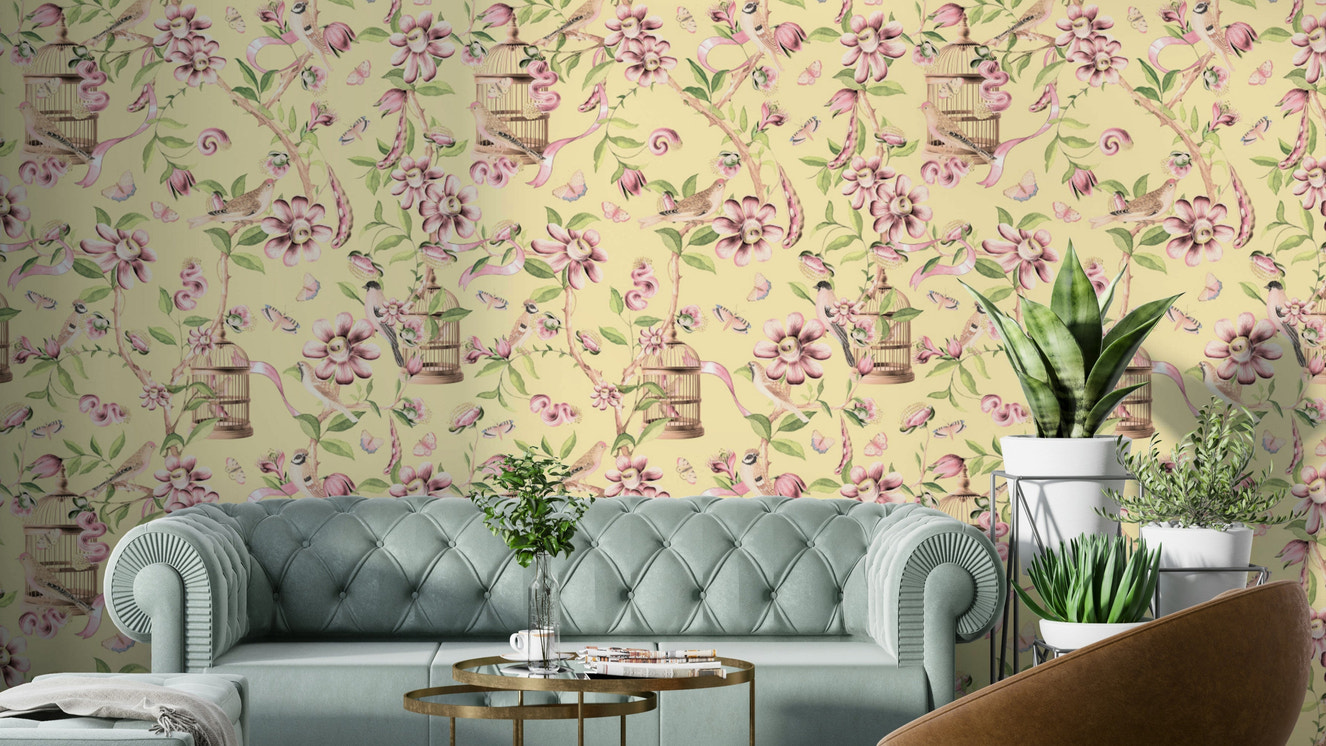 Romantic Chinoiserie Birds Wallpaper with birds and blooming branches.

