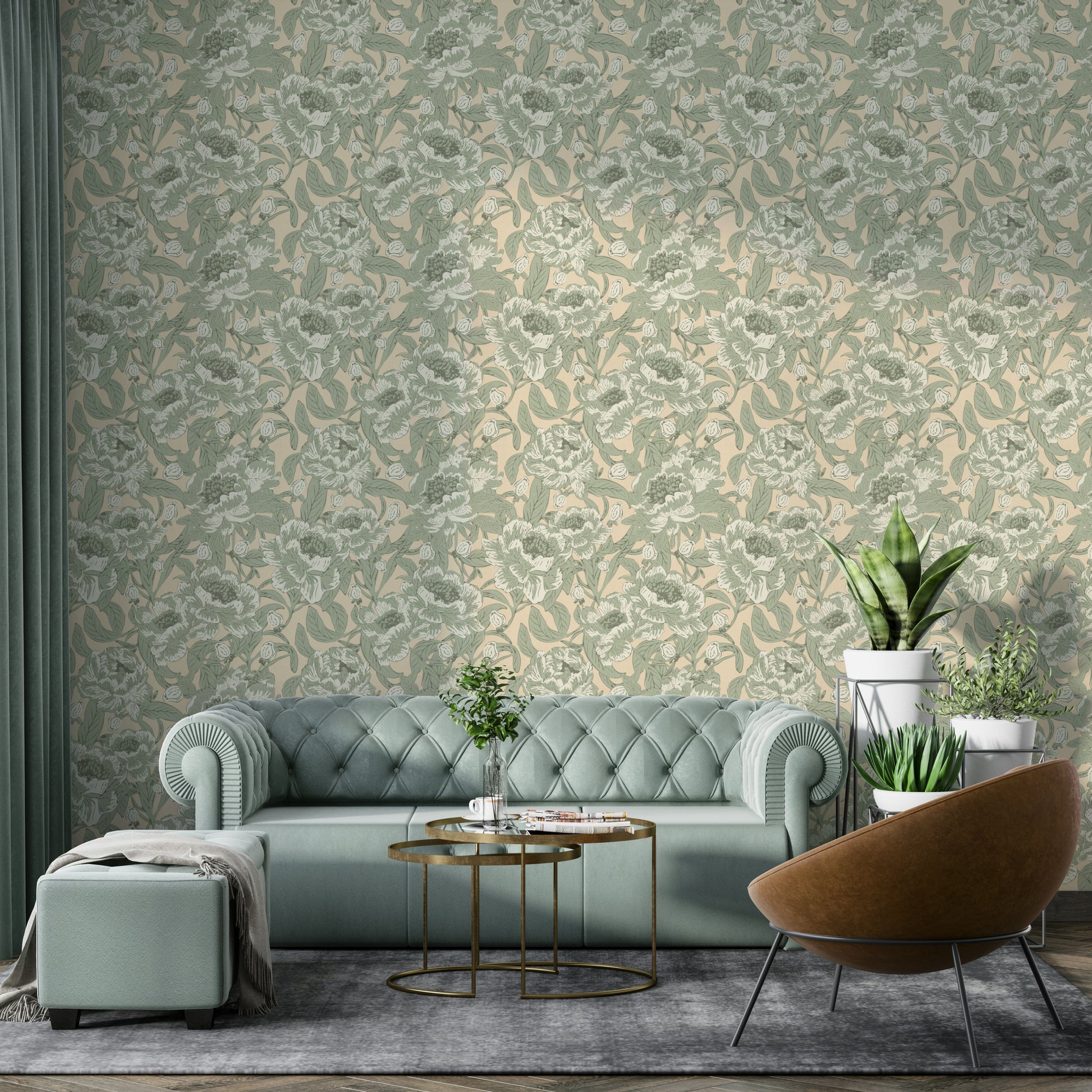 Botanical sage green wall art with peonies

