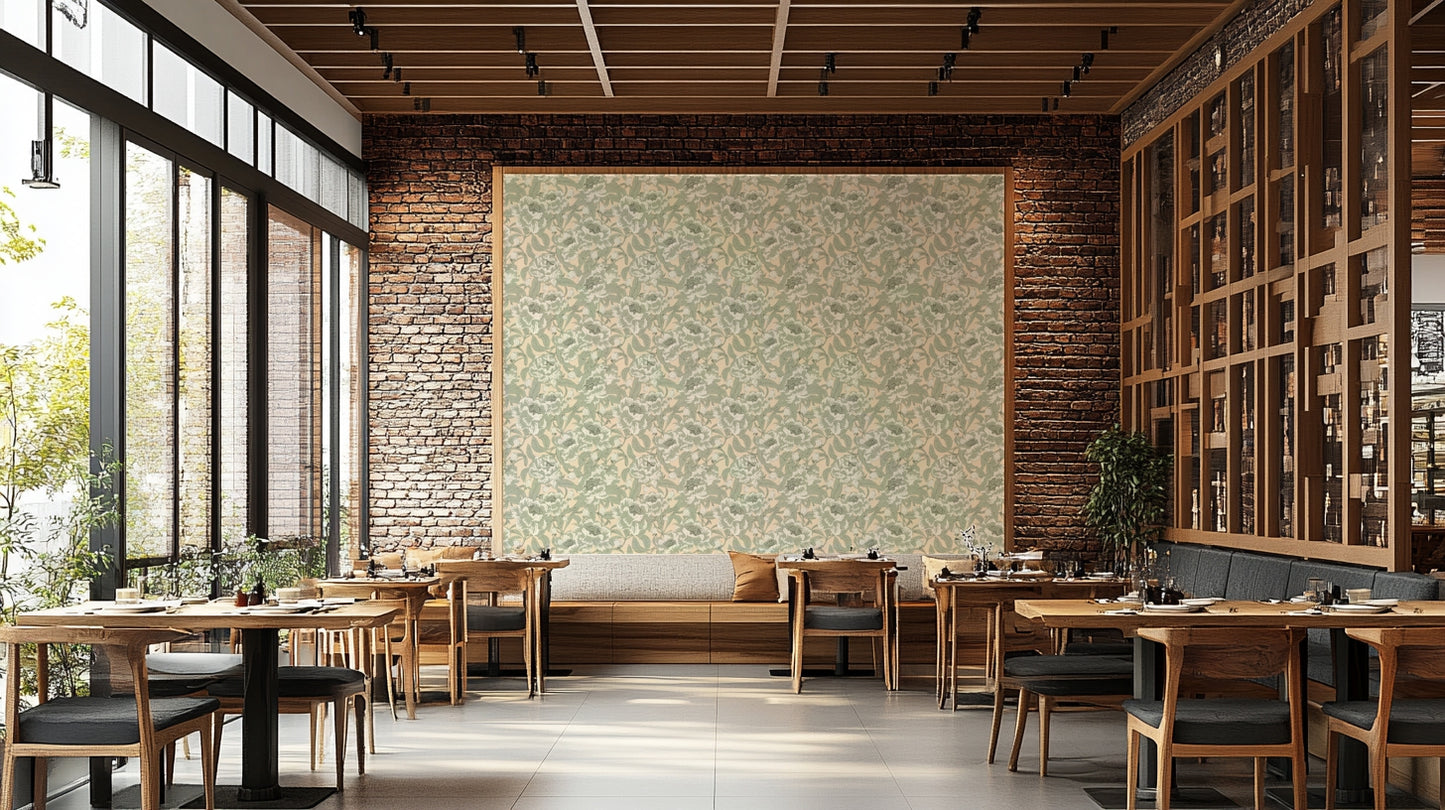 Floral wallpaper with peonies in green tones

