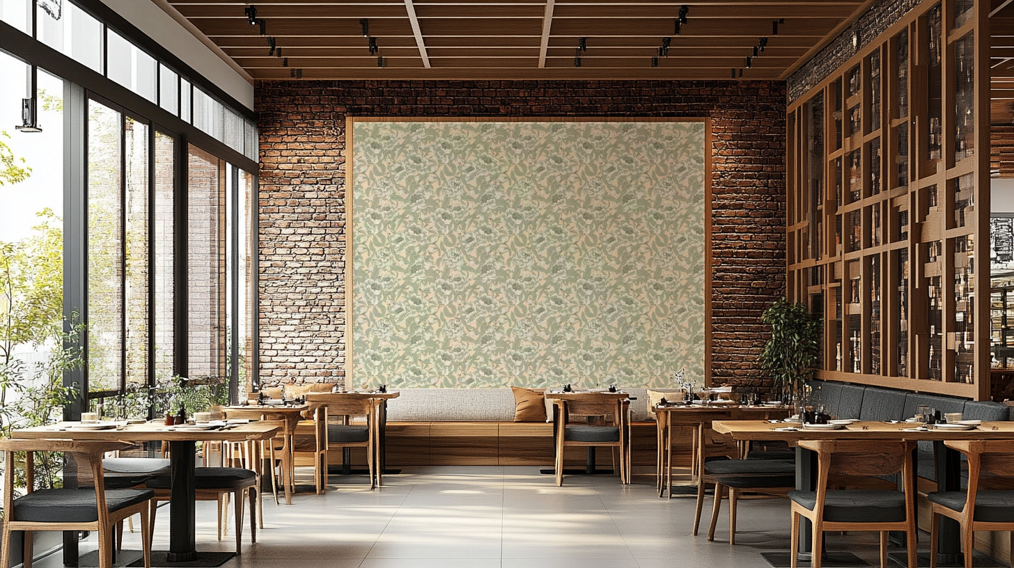 Floral wallpaper with peonies in green tones

