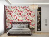 Elegant wallpaper with trailing poppies and flowing ribbons.

