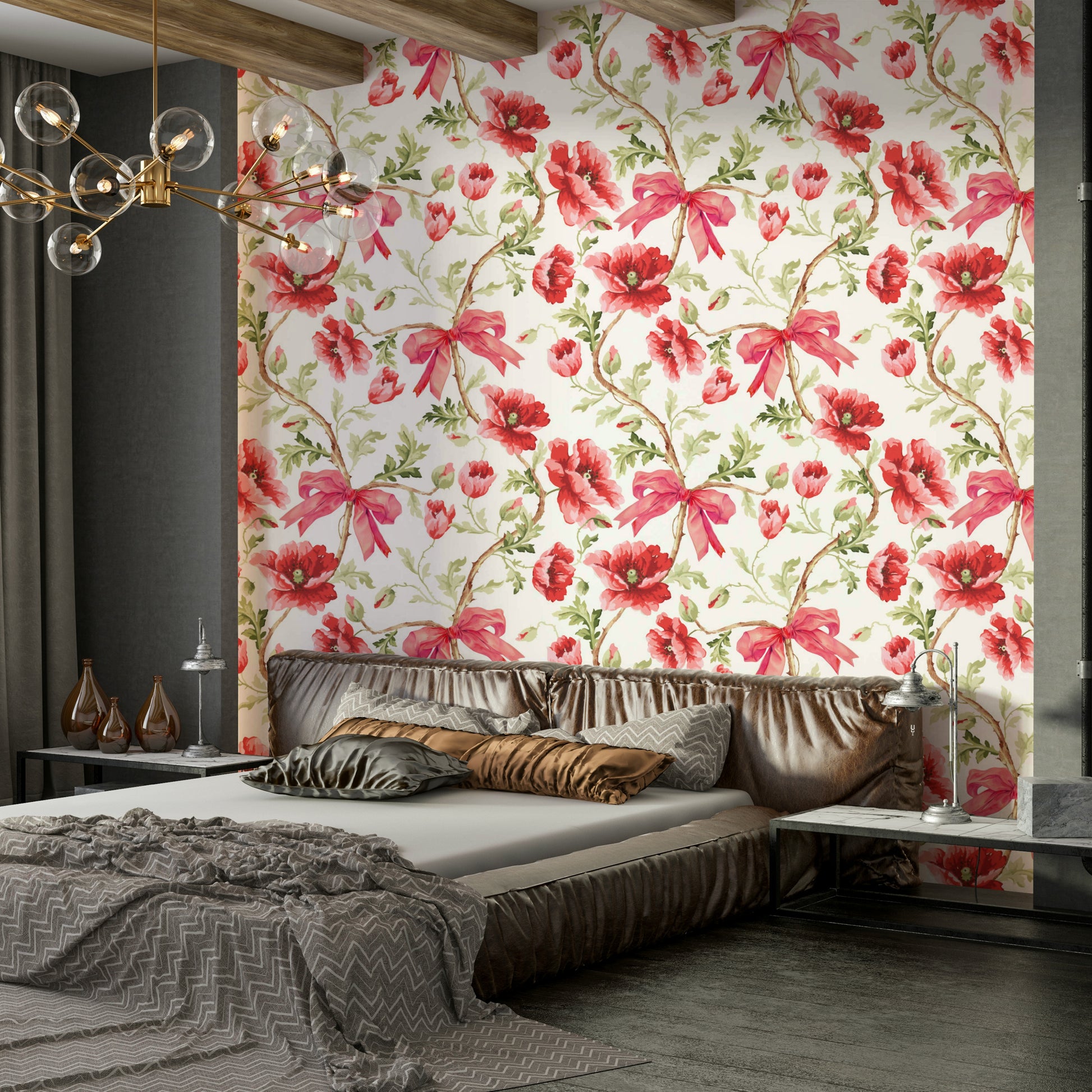 Romantic Preppy Poppy mural featuring soft hues and bold blossoms.

