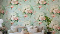 Romantic Rose & Daisy Garden Wallpaper with pink roses and daisies.

