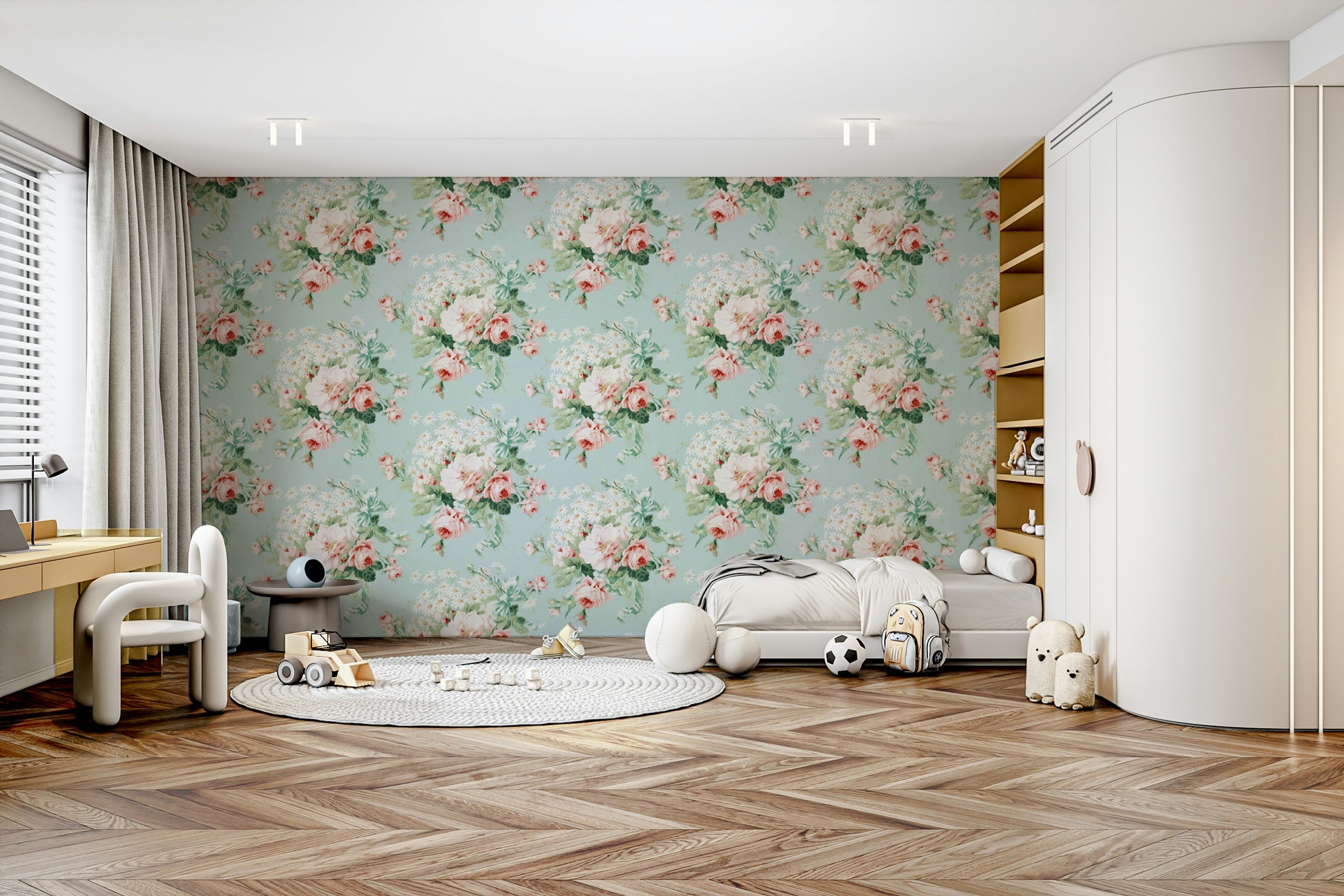 Elegant rose and daisy wallpaper for cozy and charming interiors.


