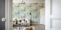 Cottage-style wallpaper featuring cheerful daisies and romantic roses.

