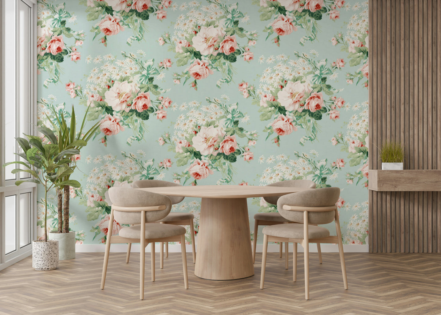 Wallpaper with blooming cottage garden florals on a light base.

