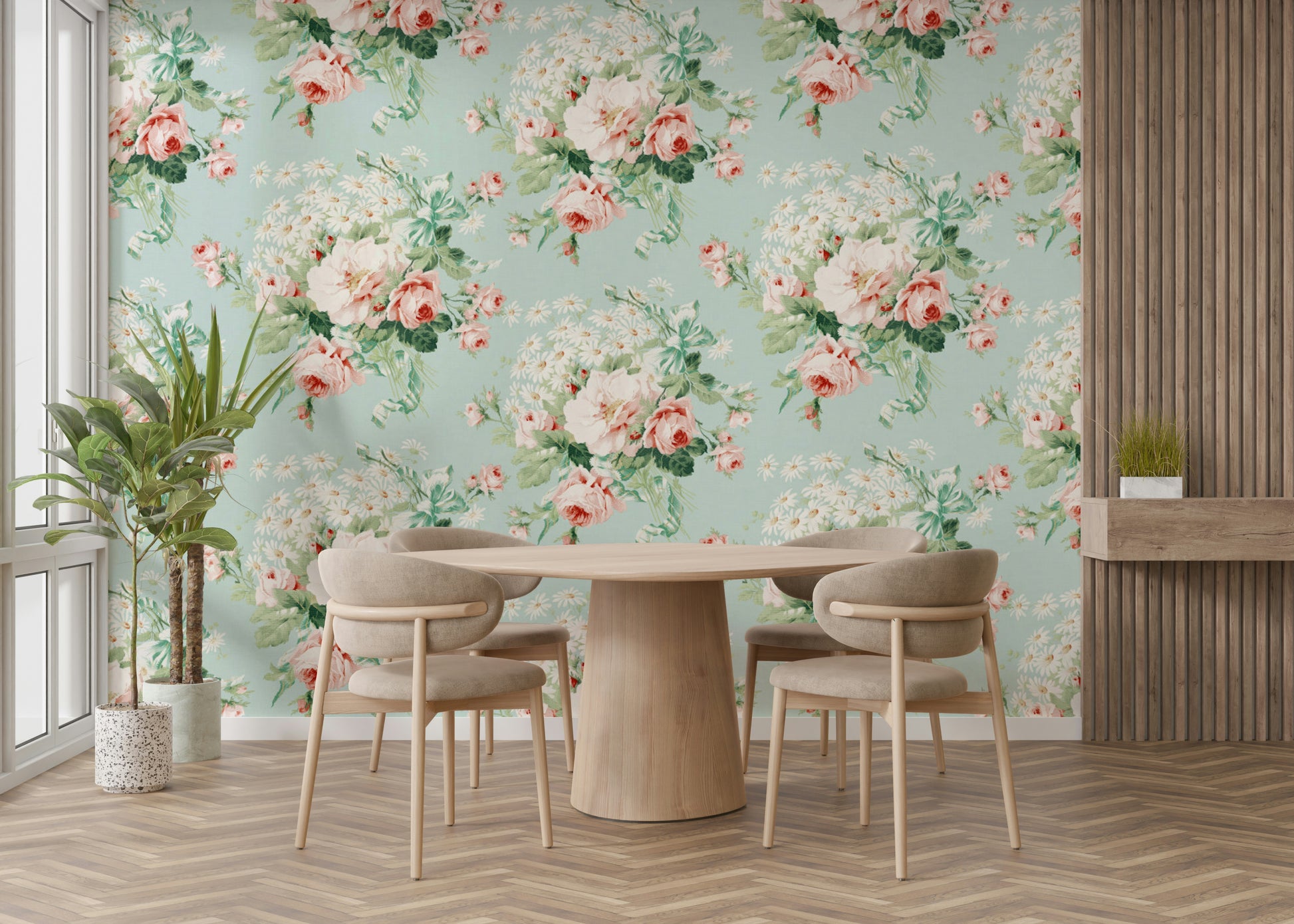 Wallpaper with blooming cottage garden florals on a light base.

