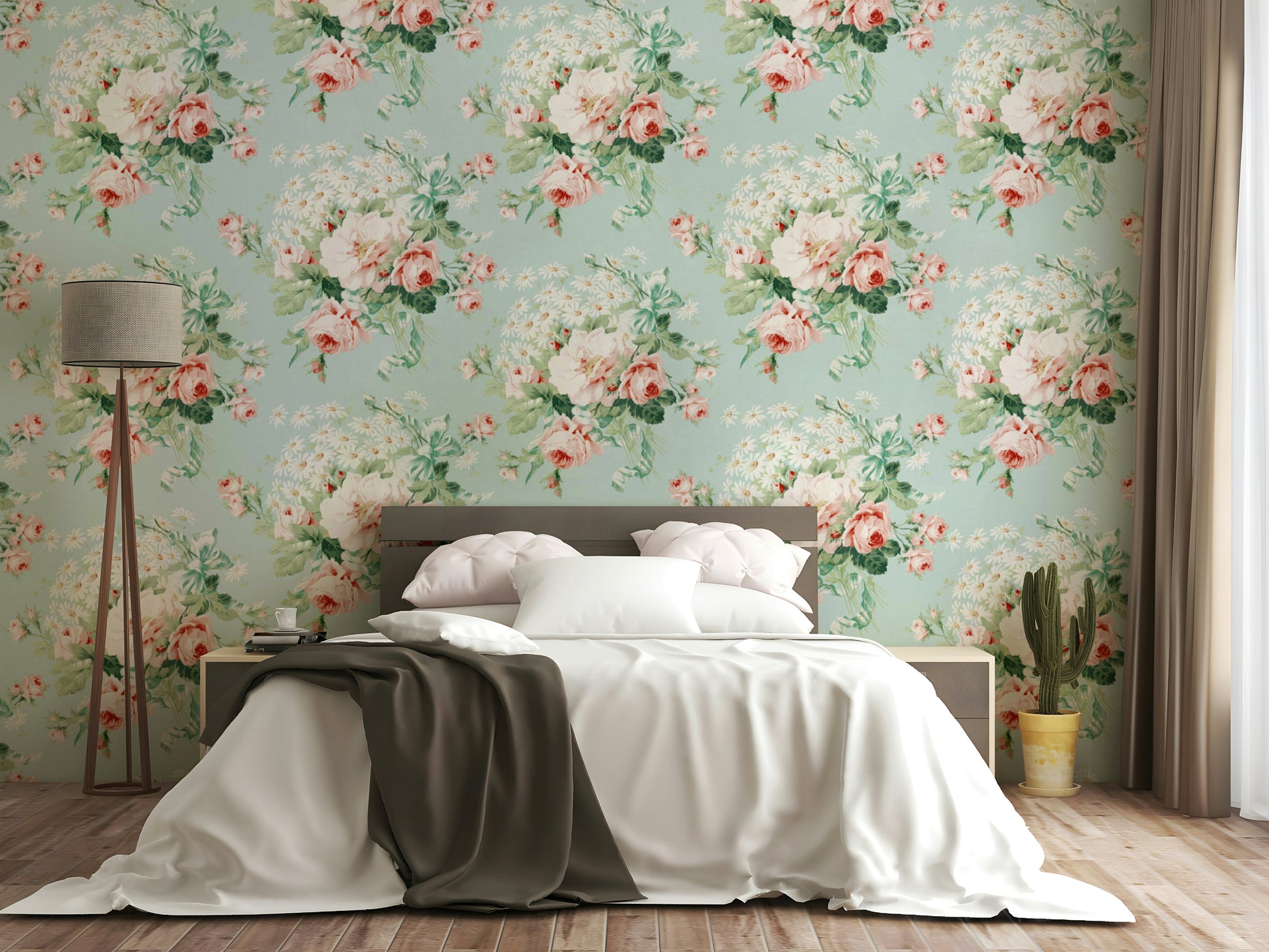 Vintage-inspired mural with lush roses and delicate white daisies.

