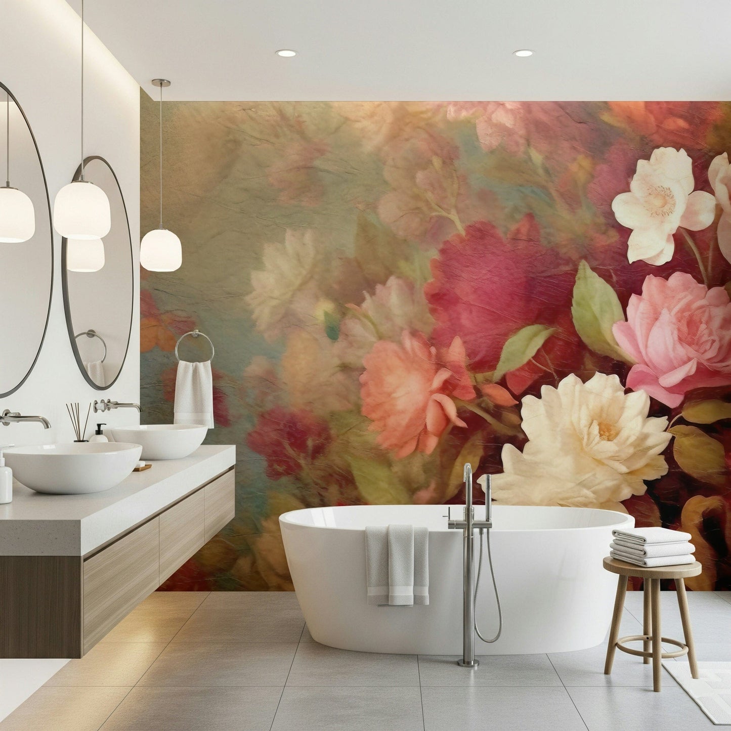 A calming floral design wallpaper mural that defines a space.

