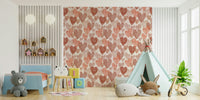 Romantic watercolor wallpaper mural with floating heart shapes in warm pastel gradients.
