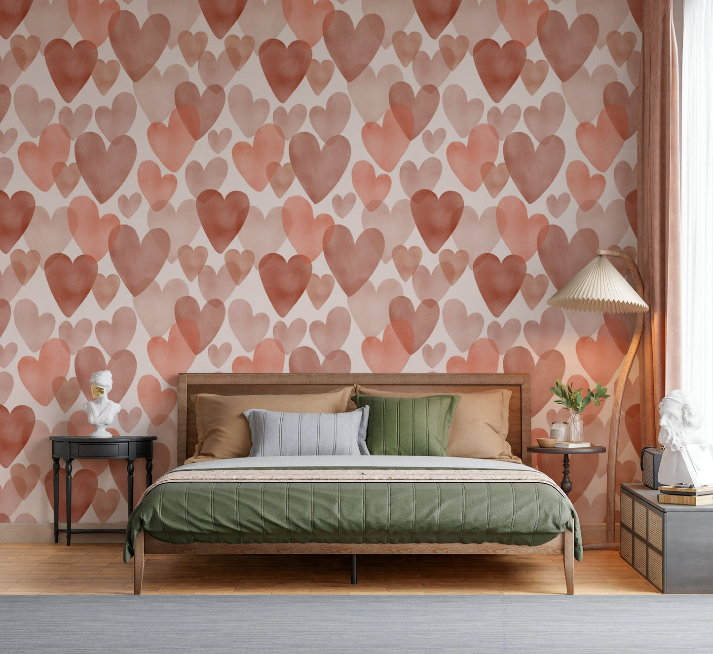 Artistic wallpaper mural with hand-painted hearts in soft pink and earthy tones.