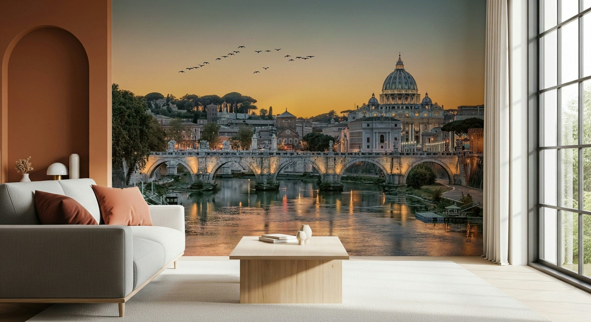 Neutral tone city view wallpaper for a small studio apartment living space.