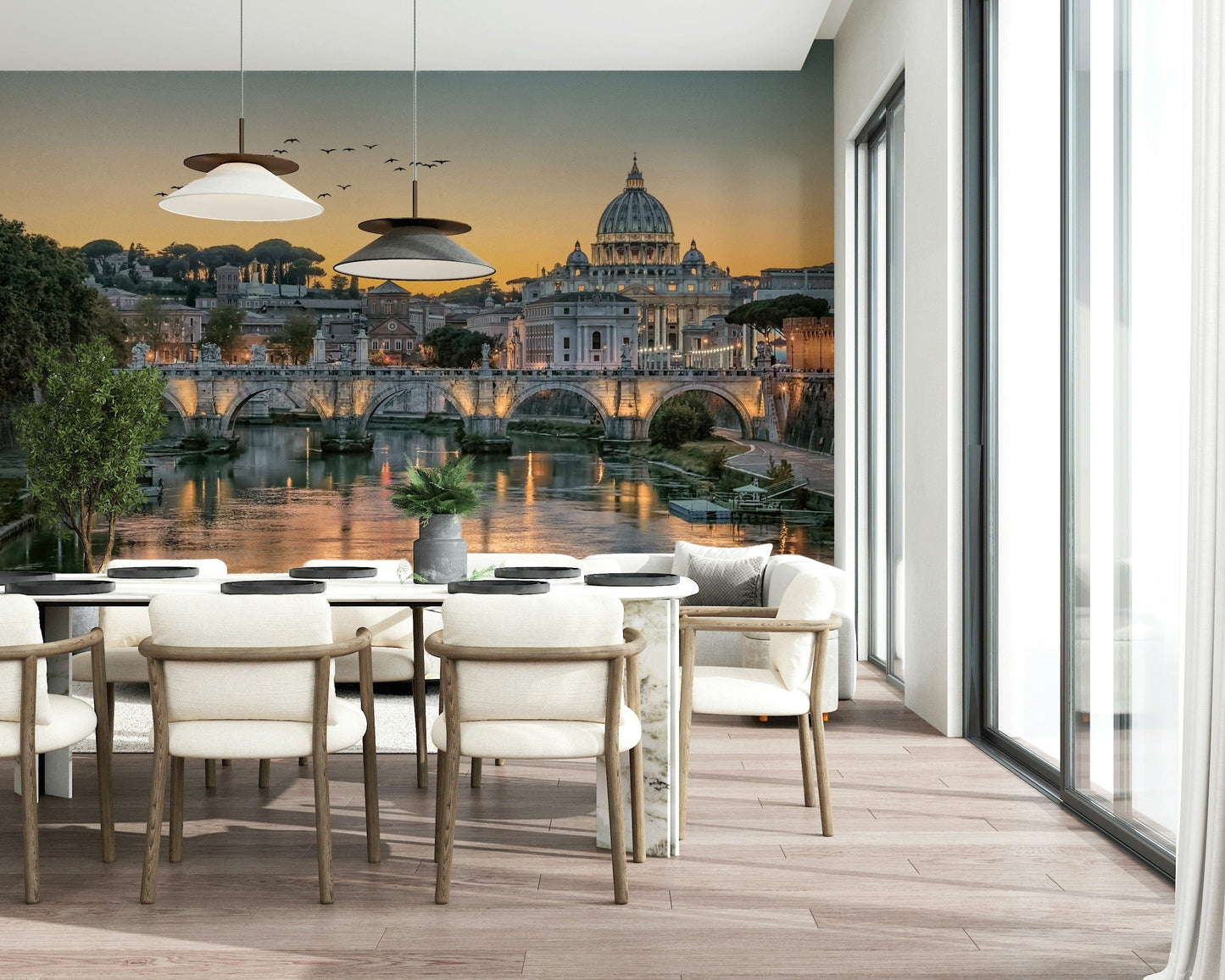 Italian urban landscape wall decor behind a dark wood office desk.