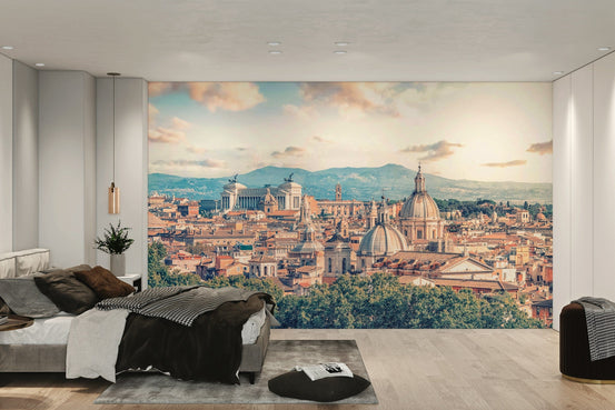 Eternal City Roman Skyline wallpaper mural of Rome at golden hour above a grey bed with dark bedding in a modern bedroom