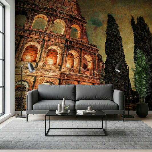 Rome's Iconic Monument mural of the Colosseum behind a grey sofa and black coffee table with floor lamps