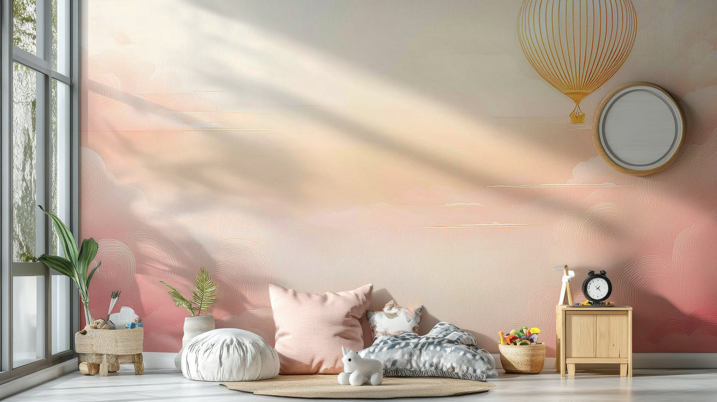 Rose Blush Sky Wall Mural styled with gold accents in a modern dining room.