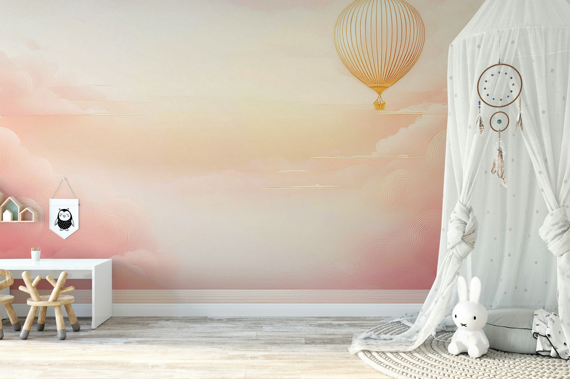 Abstract sunset wall decor with soft blush and cream tones in a hallway.