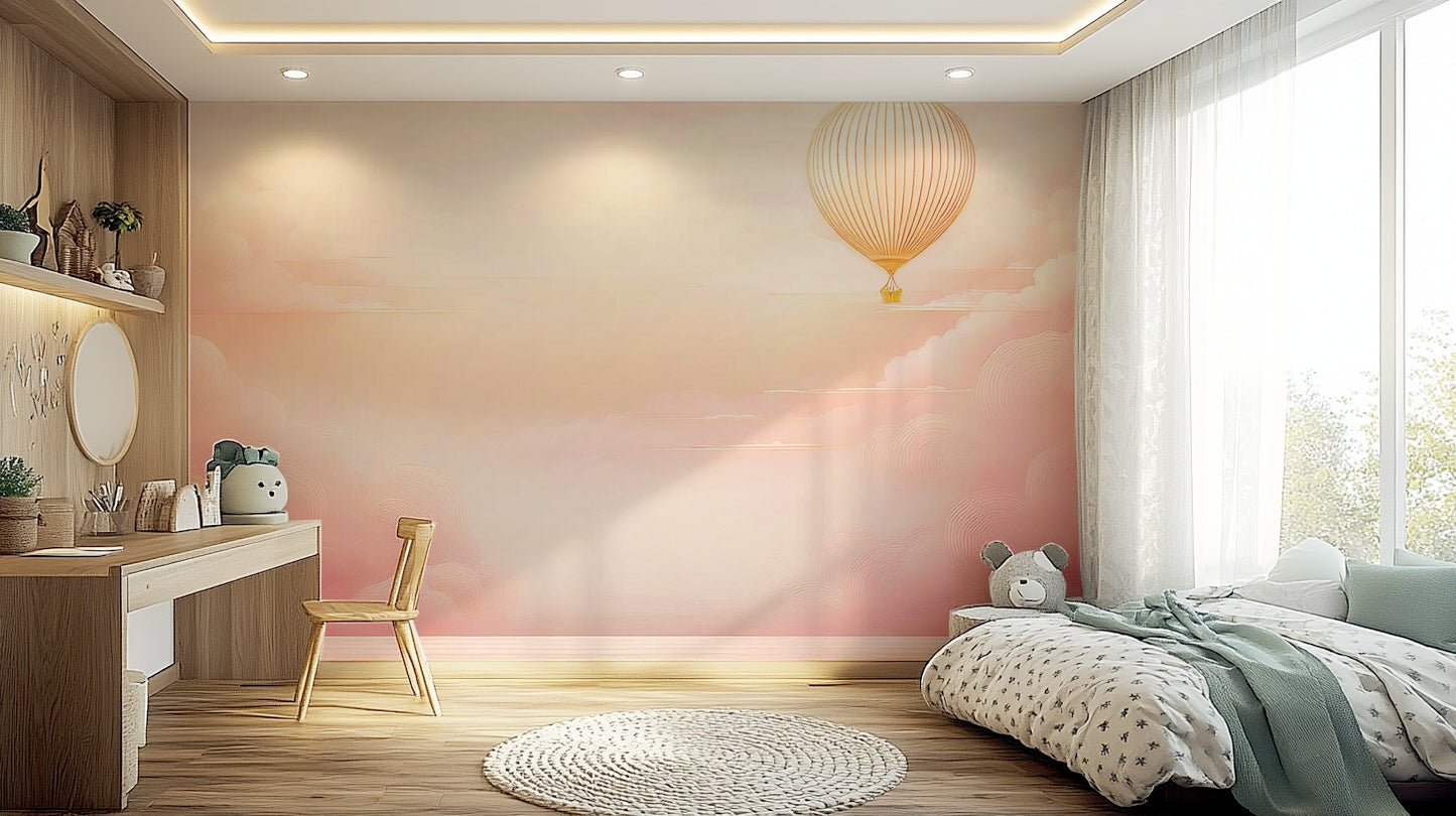Dreamy pink cloud mural used as a backdrop in a photography studio.