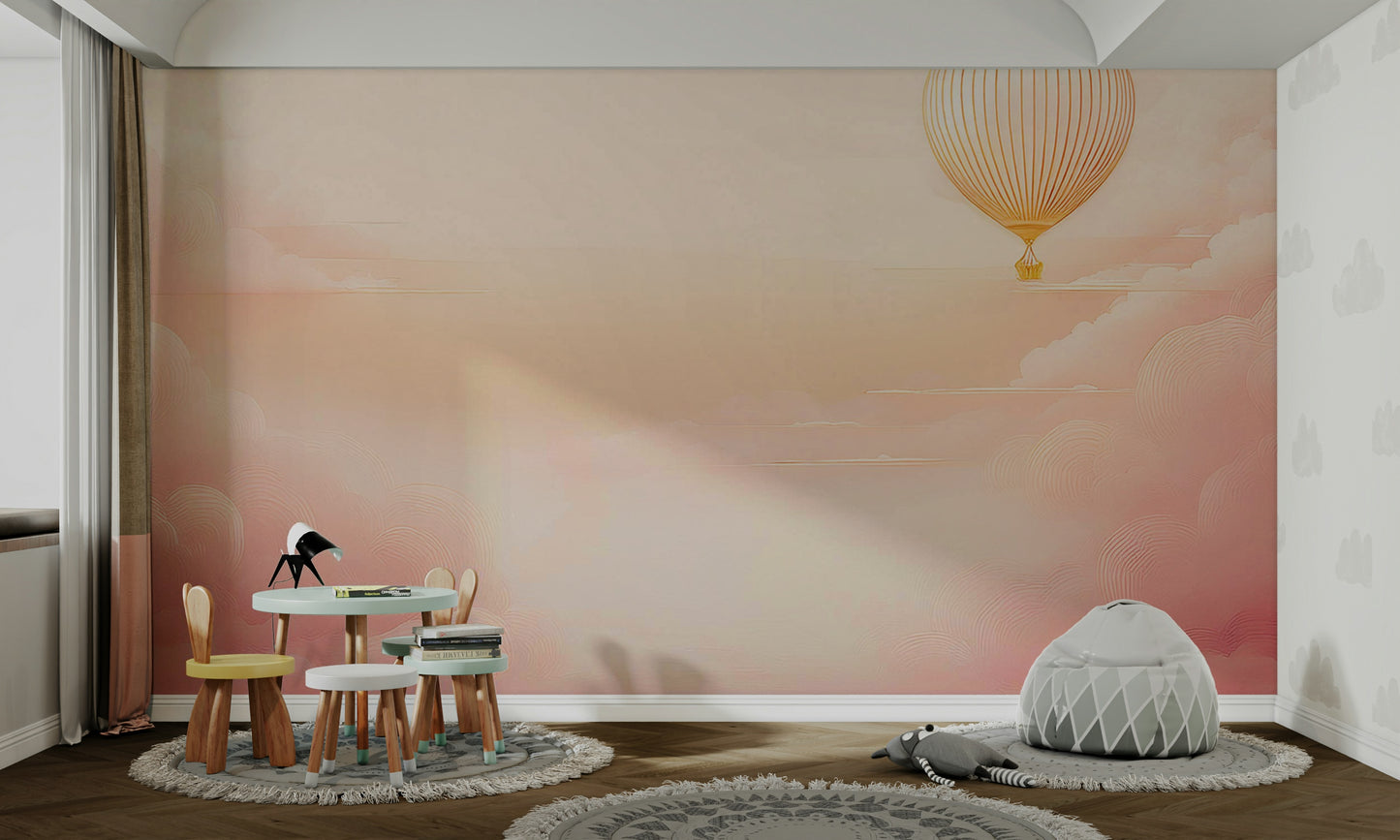 Minimalist sunset sky wallpaper in a contemporary apartment living room.