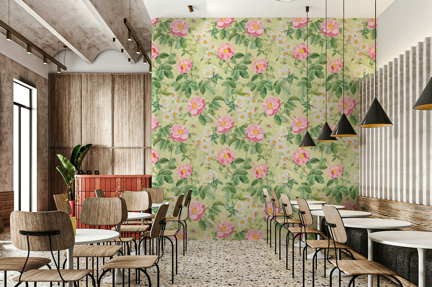 Close-up view of roses and soft greenery in Rose Garden Reverie wallpaper.

