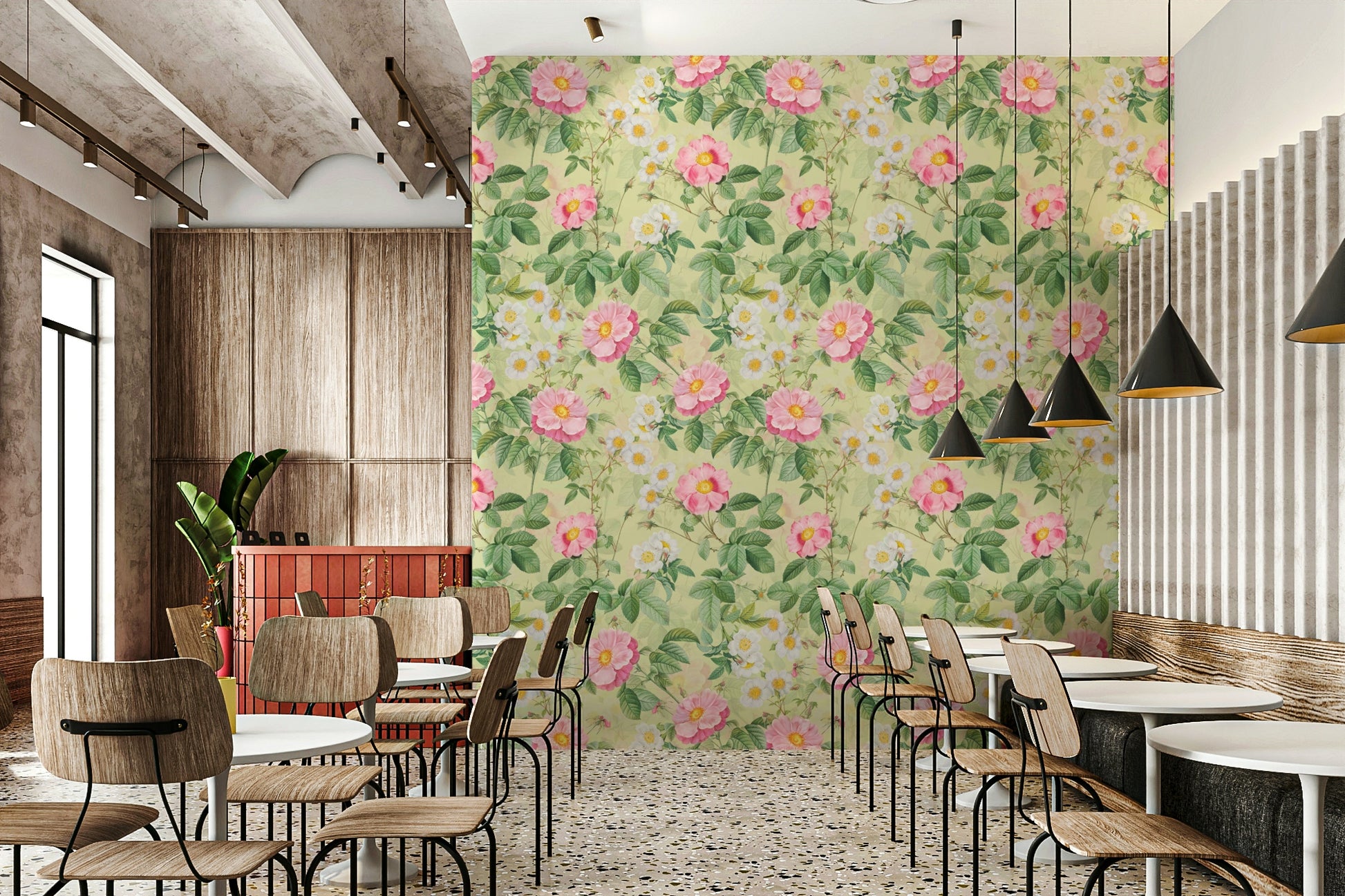 Close-up view of roses and soft greenery in Rose Garden Reverie wallpaper.

