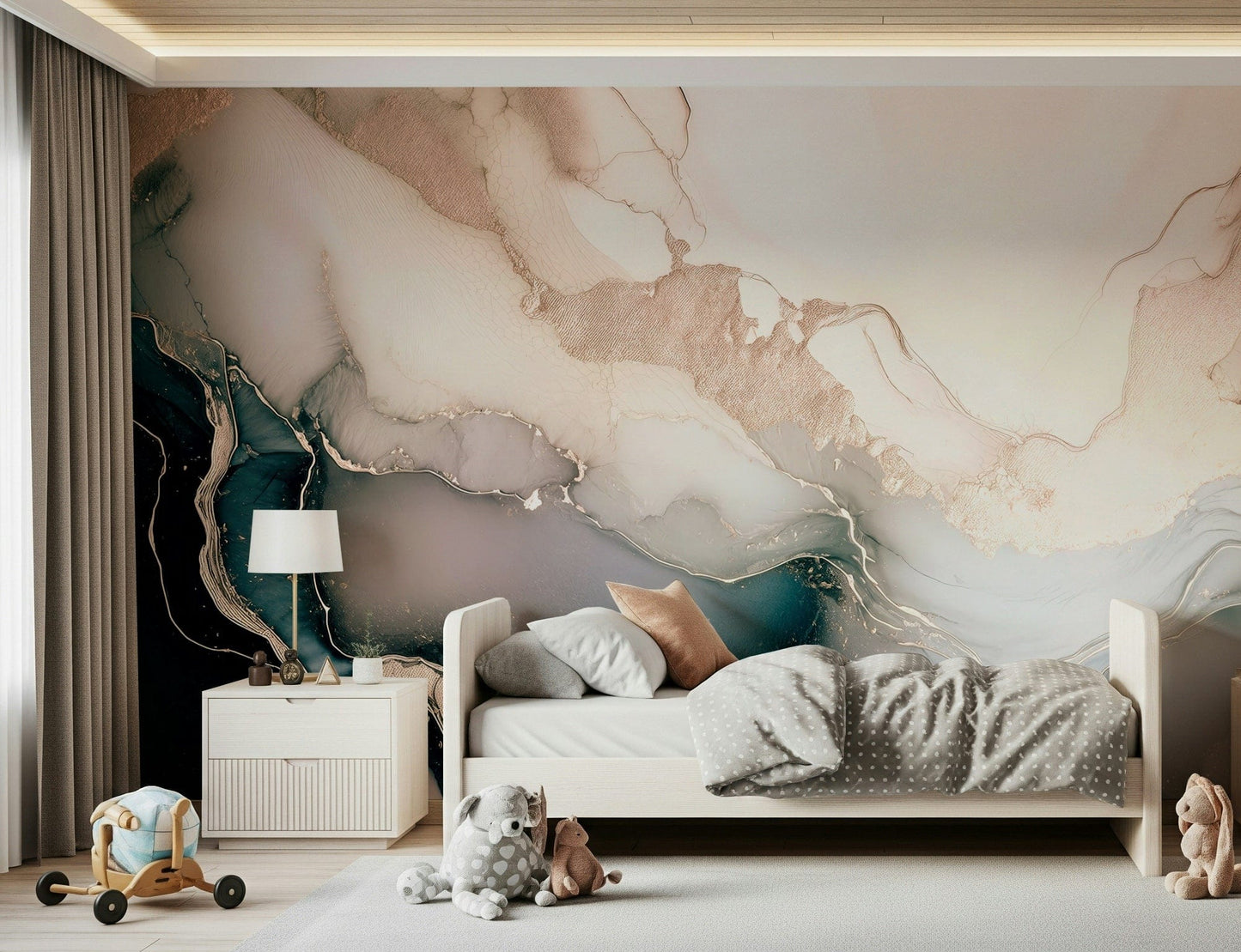 Dreamy Mineral Layers design mural combining natural marble textures and metallic rose gold veining.