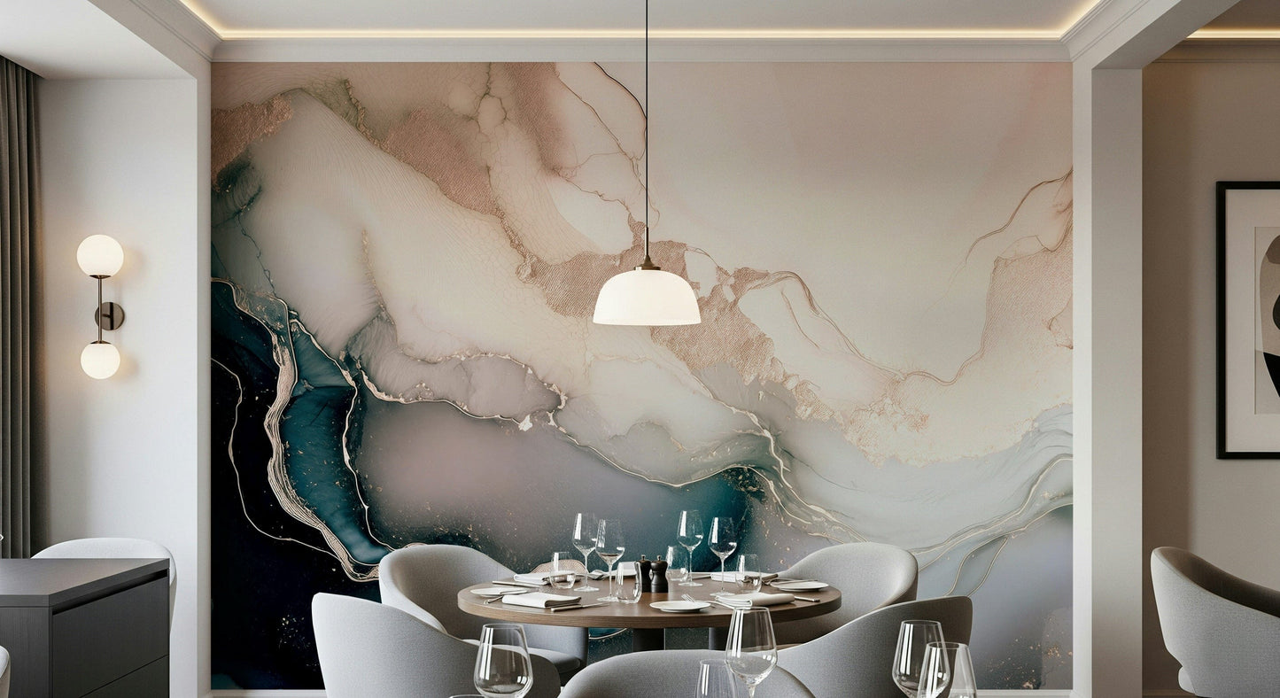 Rose gold mineral wall mural showcasing fluid stone patterns with a soft, feminine elegance.