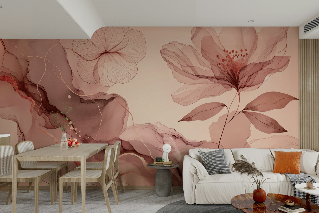 A photo of a Dreamy Sage Garden Rose Gold Wall Mural with plants.