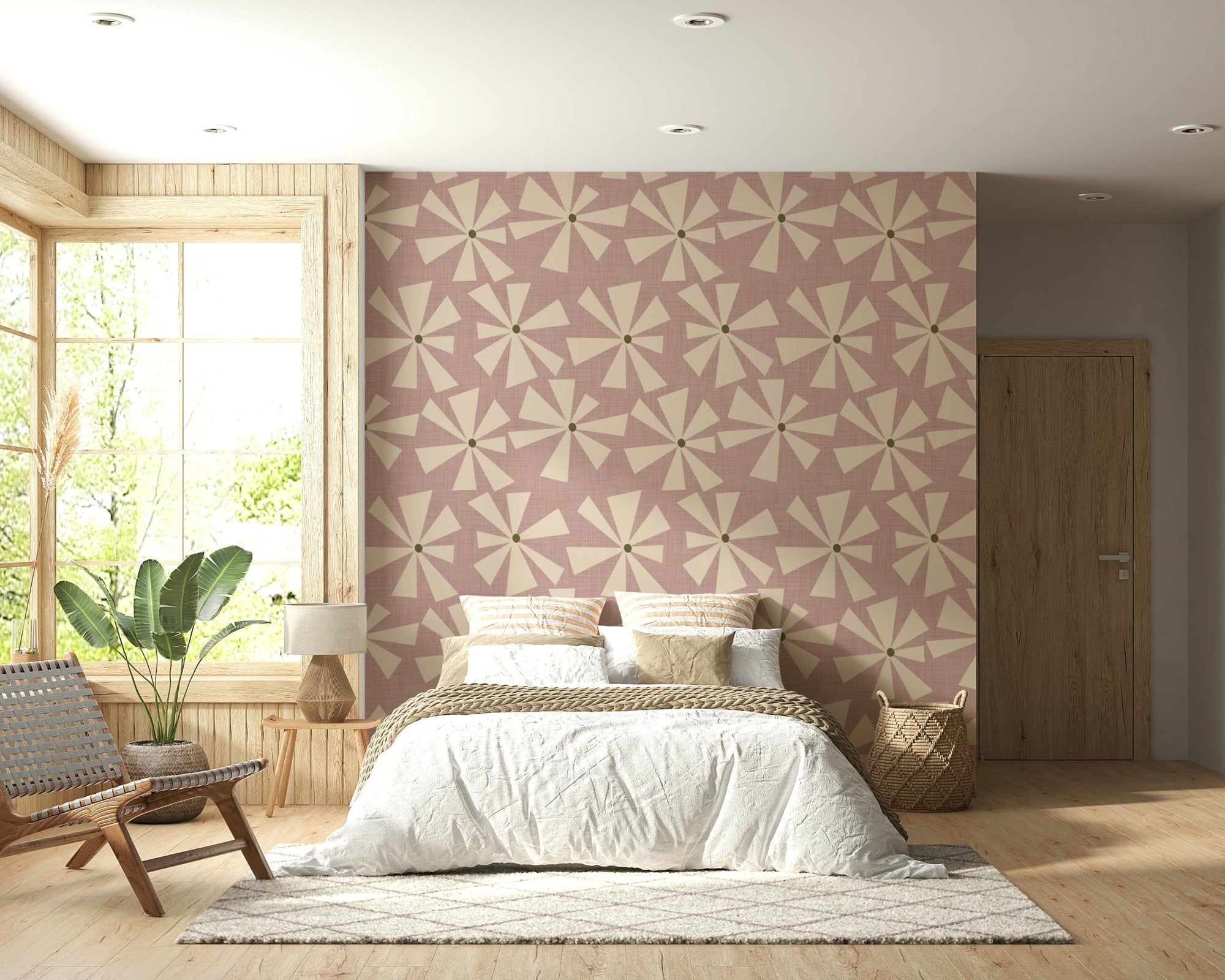 Abstract bloom pattern with radiating cream petals scattered across a pink-textured field.