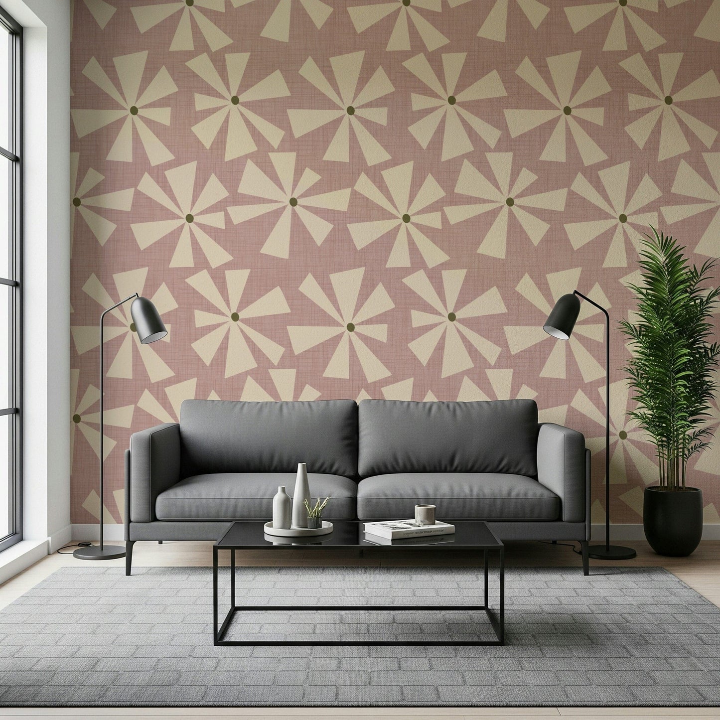 Vintage-style wallpaper with cream pinwheel blooms arranged across a textured rose background.
