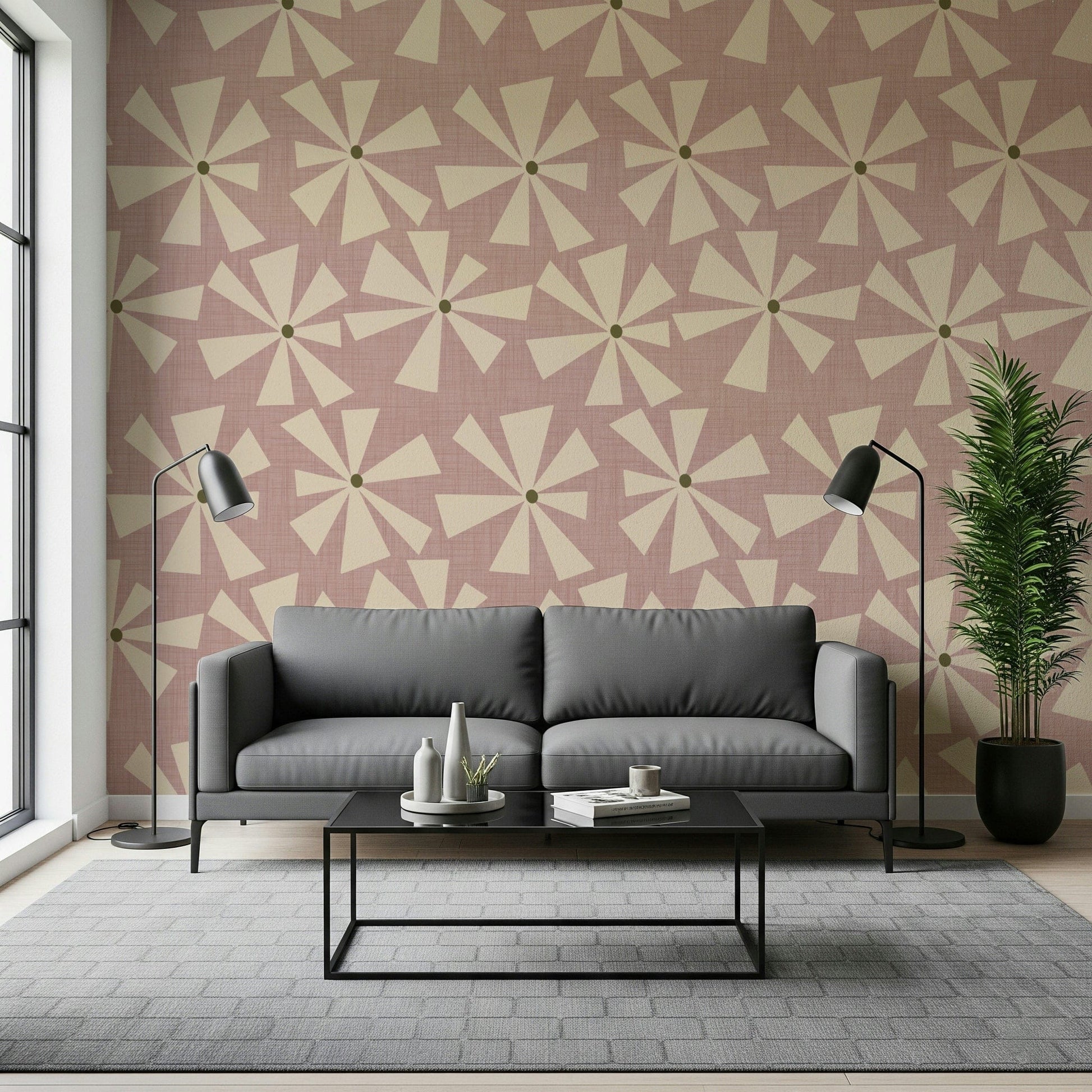 Vintage-style wallpaper with cream pinwheel blooms arranged across a textured rose background.